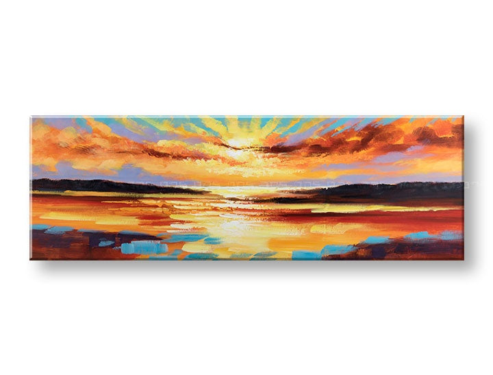 Papilora рачно насликана слика на платно Зајдисонце, 150x50 cm, со топли портокалови и виолетови тонови, прикажана во 3D перспектива.