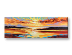 Papilora рачно насликана слика на платно Зајдисонце, 150x50 cm, со топли портокалови и виолетови тонови, прикажана во 3D перспектива.