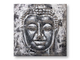 Рачно насликана слика на платно со мотив BUDHA, Buddha во бело-сиво нијанси, мирна атмосфера, духовност, погоден за дневна соба | Насликана слика за ѕид BUDHA – главна