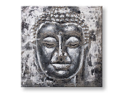 Рачно насликана слика на платно со мотив BUDHA, Buddha во бело-сиво нијанси, мирна атмосфера, духовност, погоден за дневна соба | Насликана слика за ѕид BUDHA – главна