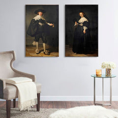 Винтиџ слика со мотив маж, жена, пар во бело-беж нијанси | Слика на платно Rembrandt - Portréty Martena Soolmansa и Oopjena Coppita – преглед