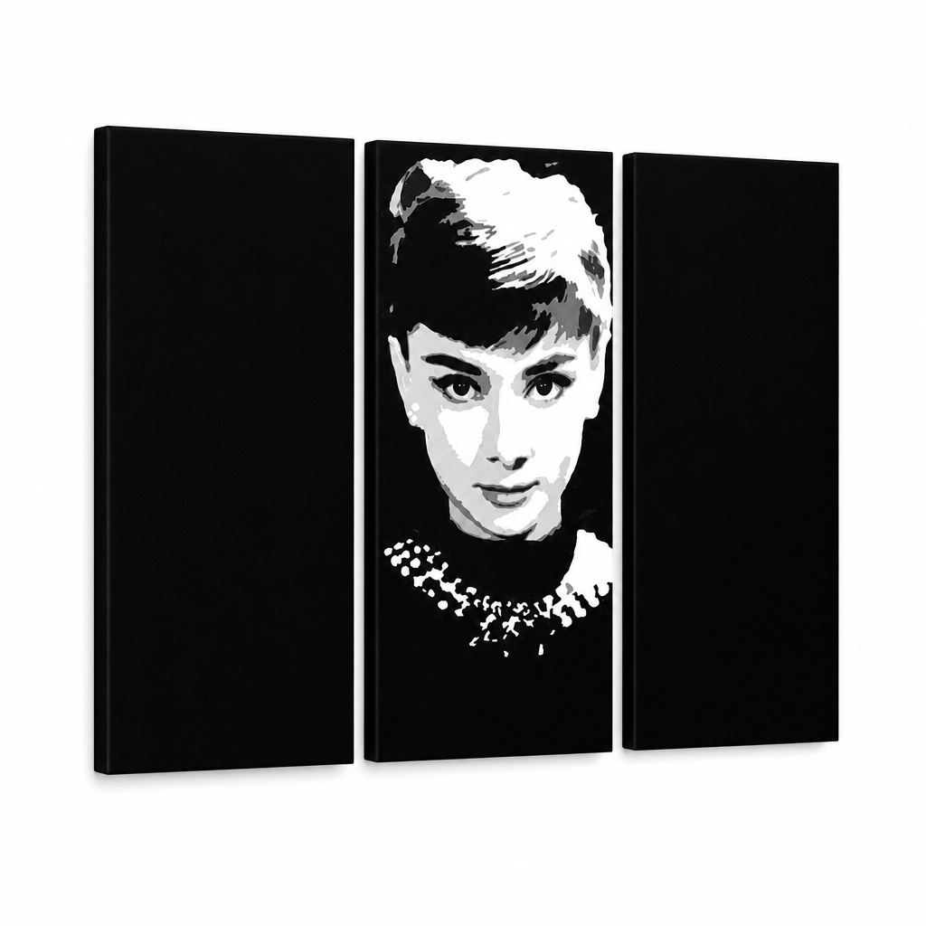 Рачно насликана POP ART слика со должина AUDREY HEPBURN 80x100 cm – 3D визуелизација на рачно сликана платно на бел фон. Доминантни бои: црна, бела, сива.