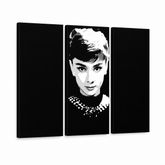 Рачно насликана POP ART слика со должина AUDREY HEPBURN 80x100 cm – 3D визуелизација на рачно сликана платно на бел фон. Доминантни бои: црна, бела, сива.