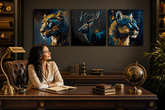 Премиум сет од 3 слики Safari Gold – Јагуар, Елен, Пума – gallery-wrap платно во луксузна работна соба Papilora.