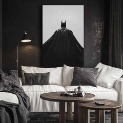 Модерна слика на платно со мотив Batman: Strážca noci во црно-бело нијанси, драматична атмосфера, самотија и сила и моќ | Слика Batman: Strážca noci – производ