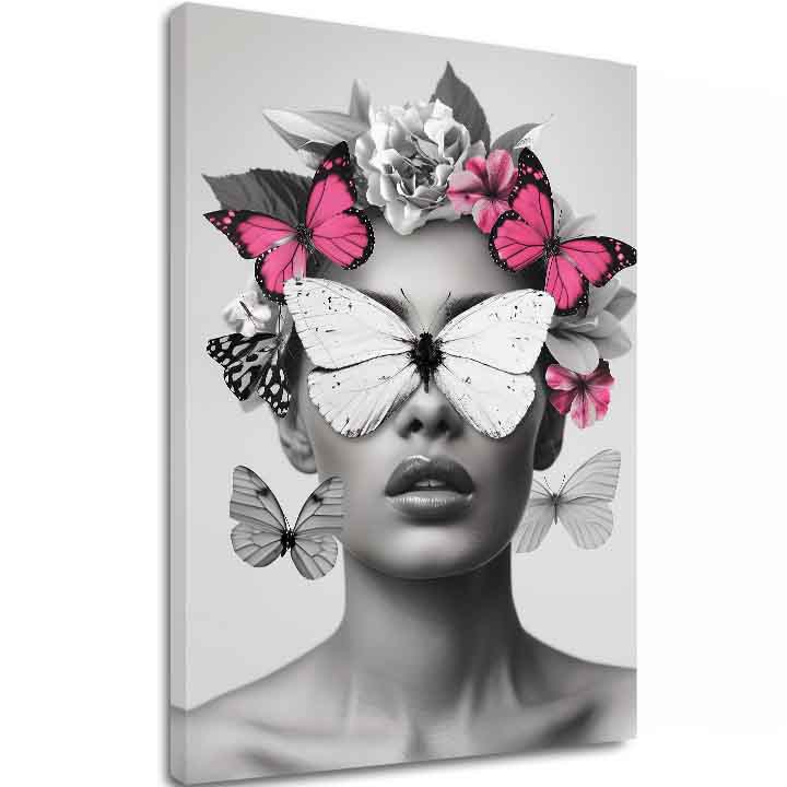 Модерна слика на платно со мотив Butterfly Vision, пеперутки, цвеќиња во бело-црно нијанси, етерична атмосфера, убавина и соништа | Слика Butterfly Vision – главна