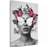Модерна слика на платно со мотив Butterfly Vision, пеперутки, цвеќиња во бело-црно нијанси, етерична атмосфера, убавина и соништа | Слика Butterfly Vision – главна