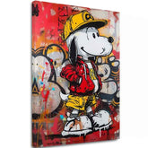 Модерна слика на платно со мотив Cool Snoopy na платно во црвено-жолто нијанси, енергична атмосфера, поп култура и градски живот | Слика Cool Snoopy na платно – главна