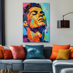 Модерна слика на платно со мотив Cristiano Ronaldo - Energia víťaza во портокалово-виолетово нијанси, енергична атмосфера, слава | Слика Cristiano Ronaldo - Energia víťaza – производ