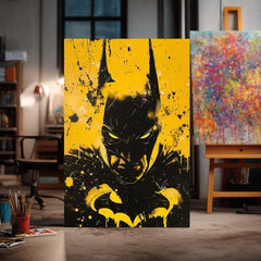 Модерна слика на платно со мотив Dark Knight na платно, маска во црно-бело нијанси, интензивна атмосфера | Слика Dark Knight na платно – производ