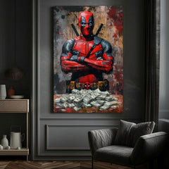 Модерна слика на платно со мотив Deadpool: Peniaze и chaos во црно нијанси | Слика Deadpool: Peniaze и chaos, ѕидна декорација – производ, поглед 2