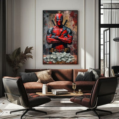 Модерна слика на платно со мотив Deadpool: Peniaze и chaos во црно нијанси | Слика Deadpool: Peniaze и chaos, ѕидна декорација – производ, поглед 3