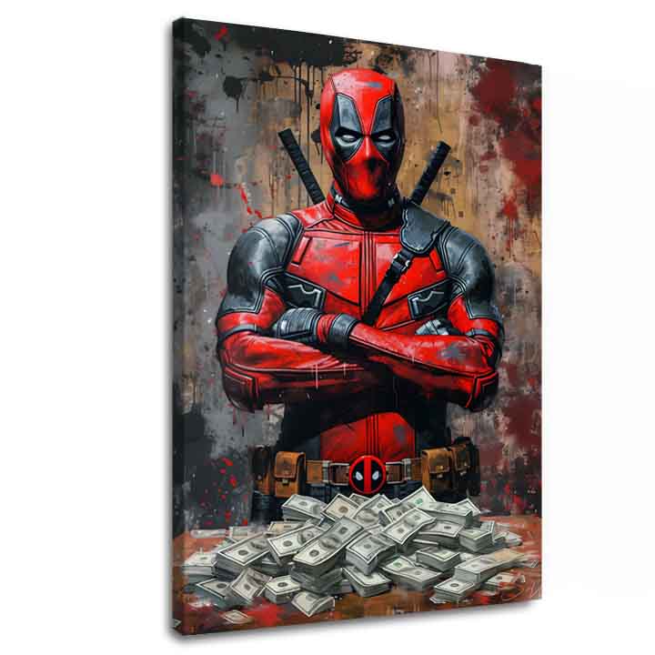 Модерна слика на платно со мотив Deadpool: Peniaze и chaos во црно нијанси | Слика Deadpool: Peniaze и chaos, ѕидна декорација – главна