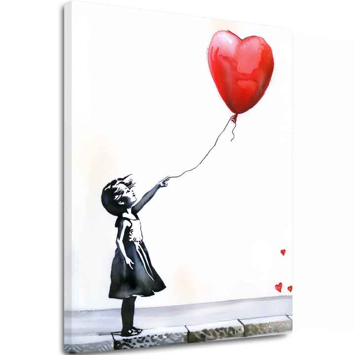 Модерна слика на платно со мотив Heart Balloon Girl, балон, срце во бело-црно нијанси, меланхолична атмосфера, nádej | Слика Heart Balloon Girl – главна