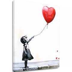 Модерна слика на платно со мотив Heart Balloon Girl, балон, срце во бело-црно нијанси, меланхолична атмосфера, nádej | Слика Heart Balloon Girl – главна