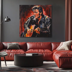 Модерна слика на платно со мотив Elvis Presley - Ikona na pódiu, гитара, микрофон во црно-црвено нијанси, страствена атмосфера | Слика Elvis Presley - Ikona na pódiu – производ