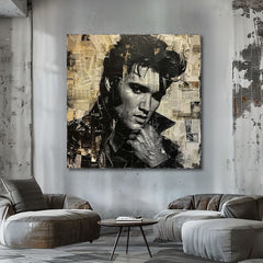 Модерна слика на платно со мотив Elvis Presley - Rockový génius во црно-бело нијанси, носталгична атмосфера, музичка историја и слава – производ