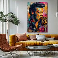 Модерна слика на платно со мотив Elvis Presley - Zlatý hlas rock’n’rollu, микрофон во портокалово-виолетово нијанси, енергична атмосфера | Слика Elvis Presley - Zlatý hlas rock’n’rollu – p..., поглед 2