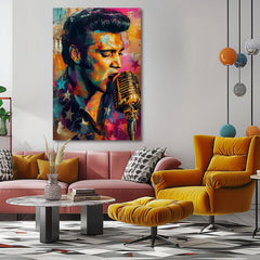 Модерна слика на платно со мотив Elvis Presley - Zlatý hlas rock’n’rollu, микрофон во портокалово-виолетово нијанси, енергична атмосфера | Слика Elvis Presley - Zlatý hlas rock’n’rollu – производ