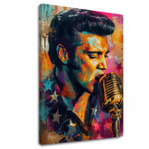 Модерна слика на платно со мотив Elvis Presley - Zlatý hlas rock’n’rollu, микрофон во портокалово-виолетово нијанси, енергична атмосфера | Слика Elvis Presley - Zlatý hlas rock’n’rollu – главна