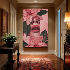 Модерна слика на платно со мотив Floral Lips во розово-зелено нијанси, романтична атмосфера, природа и убавина | Слика Floral Lips – производ, поглед 2