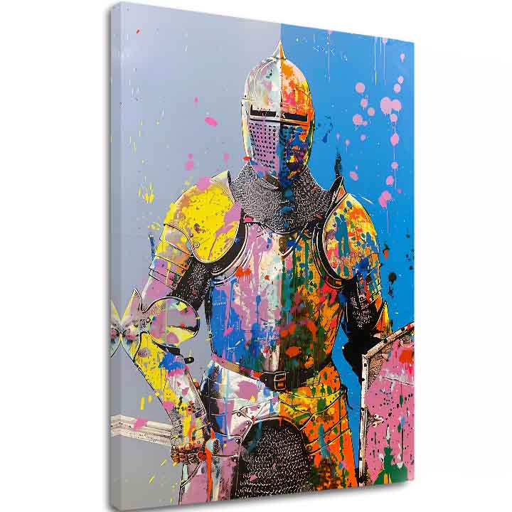 Модерна слика на платно со мотив Graffiti Knight, štít во жолто-портокалово нијанси, енергична атмосфера, сила | Слика Graffiti Knight – главна