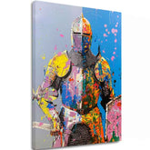 Модерна слика на платно со мотив Graffiti Knight, štít во жолто-портокалово нијанси, енергична атмосфера, сила | Слика Graffiti Knight – главна