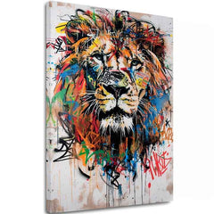 Модерна слика на платно со мотив Graffiti Lion, лав во црно-портокалово нијанси, енергична атмосфера, сила и слобода | Слика Graffiti Lion – главна