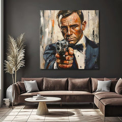 Модерна слика на платно со мотив James Bond - Nebezpečná елеганција во портокалово нијанси, интензивна атмосфера, филмски свет | Слика James Bond - Nebezpečná елеганција – производ