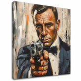 Модерна слика на платно со мотив James Bond - Nebezpečná елеганција во портокалово нијанси, интензивна атмосфера, филмски свет | Слика James Bond - Nebezpečná елеганција – главна