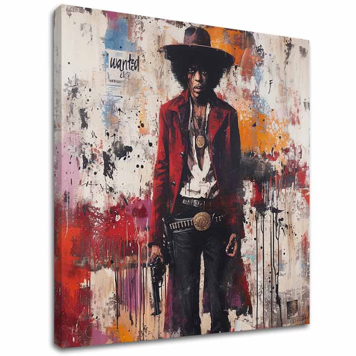 Модерна слика на платно со мотив Jimi Hendrix - Divoký západ v akryle во бело-црвено нијанси, дрска атмосфера, рок и рол и музичка историја – главна