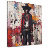 Модерна слика на платно со мотив Jimi Hendrix - Divoký západ v akryle во бело-црвено нијанси, дрска атмосфера, рок и рол и музичка историја – главна