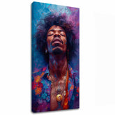 Модерна слика на платно со мотив Jimi Hendrix - Explózia harmónie во сино-златно нијанси, мирна атмосфера, духовност | Слика Jimi Hendrix - Explózia harmónie – главна