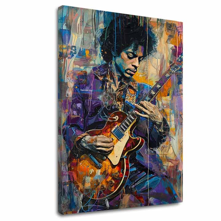 Модерна слика на платно со мотив Jimi Hendrix - Gitara v plameňoch во виолетово-бело нијанси, енергична атмосфера, креативност | Слика Jimi Hendrix - Gitara v plameňoch – главна