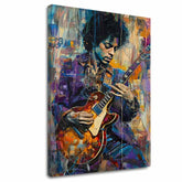 Модерна слика на платно со мотив Jimi Hendrix - Gitara v plameňoch во виолетово-бело нијанси, енергична атмосфера, креативност | Слика Jimi Hendrix - Gitara v plameňoch – главна