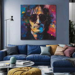 Модерна слика на платно со мотив John Lennon - Farebné predstavy во сино-црно нијанси, енергична атмосфера, рок и рол и поп култура – производ