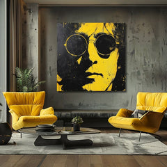 Модерна слика на платно со мотив John Lennon - Žltý одраз reality во црно-жолто нијанси, смела атмосфера, иконографија | Слика John Lennon - Žltý одраз reality – производ