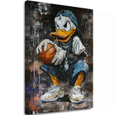 Модерна слика на платно со мотив LeBron Duck na платно во бело нијанси, урбана атмосфера, поп култура и носталгија | Слика LeBron Duck na платно – главна