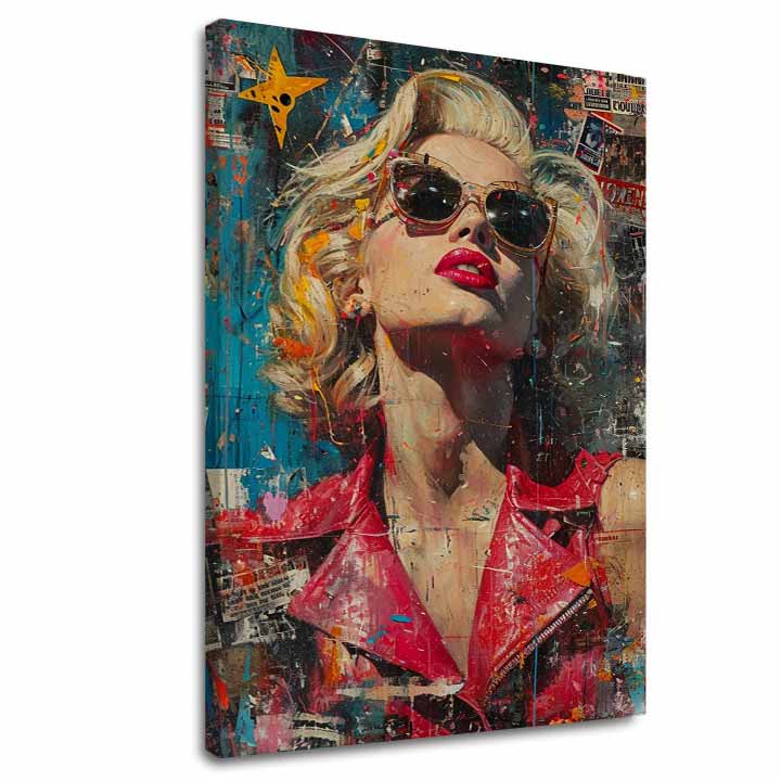 Модерна слика на платно со мотив Marilyn Monroe - Ikona v žiari svetiel во црвено-сино нијанси, слава и иконографија | Слика Marilyn Monroe - Ikona v žiari svetiel – главна