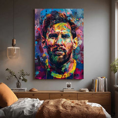 Модерна слика на платно со мотив Messi Vibes na платно во жолто-виолетово нијанси, енергична атмосфера, слава | Слика Messi Vibes na платно – производ, поглед 2