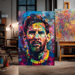 Модерна слика на платно со мотив Messi Vibes na платно во жолто-виолетово нијанси, енергична атмосфера, слава | Слика Messi Vibes na платно – производ