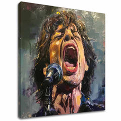 Модерна слика на платно со мотив Mick Jagger - Legenda na pódiu, микрофон во црвено нијанси, страствена атмосфера, страст | Слика Mick Jagger - Legenda na pódiu – главна