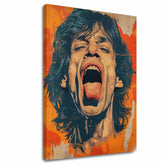 Модерна слика на платно со мотив Mick Jagger - Sila rockovej scény во портокалово-црвено нијанси, енергична атмосфера, рок и рол и иконографија – главна