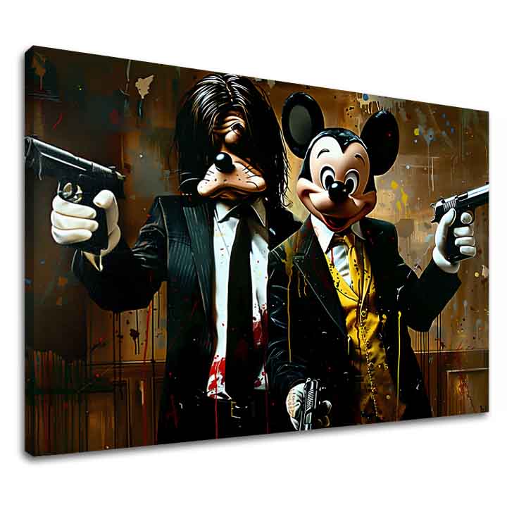 Модерна слика на платно со мотив Mickey and the Mobster во црно-кафеаво нијанси, дрска атмосфера, поп култура | Слика Mickey and the Mobster – главна