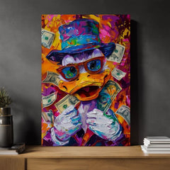 Модерна слика на платно со мотив Money Duck, очила во портокалово-виолетово нијанси, енергична атмосфера, поп култура | Слика Money Duck – производ, поглед 3