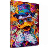 Модерна слика на платно со мотив Money Duck, очила во портокалово-виолетово нијанси, енергична атмосфера, поп култура | Слика Money Duck – главна