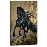 Слика на црн коњ во галоп на платно — 3D визуелизација на canvas со видлива дрвена рамка, Papilora Premium Art.