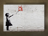 Класична слика на платно со мотив Street ART – Banksy, балон, пејзаж, море и плажа во виолетово-сино нијанси, меланхолична атмосфера, повеќеделна изведба – главна