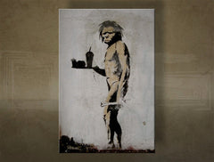 Класична слика на платно со мотив Street ART – Banksy, пејзаж, море и плажа во виолетово-сино нијанси, повеќеделна изведба, погоден за дневна соба – главна