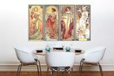 Винтиџ слика на платно со мотив ŠTYRI ROČNÉ OBDOBIA 120x70 cm – Alfons Mucha, мапа во зелено-златно нијанси закачена во ентериер на кујна – ентериер